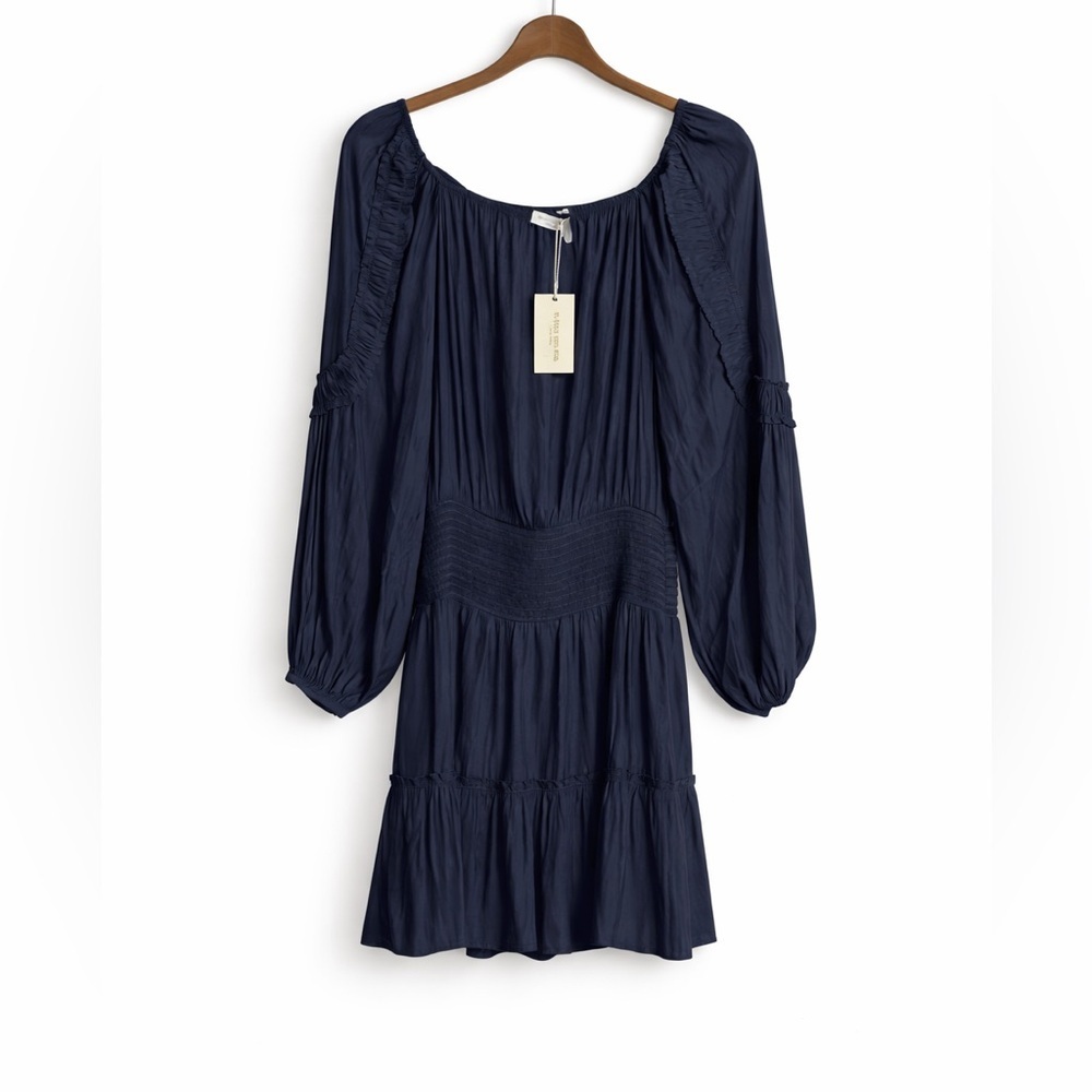 Ramy Brook Navy Long Sleeve Smocked Waist Mini Dress NWT Size L